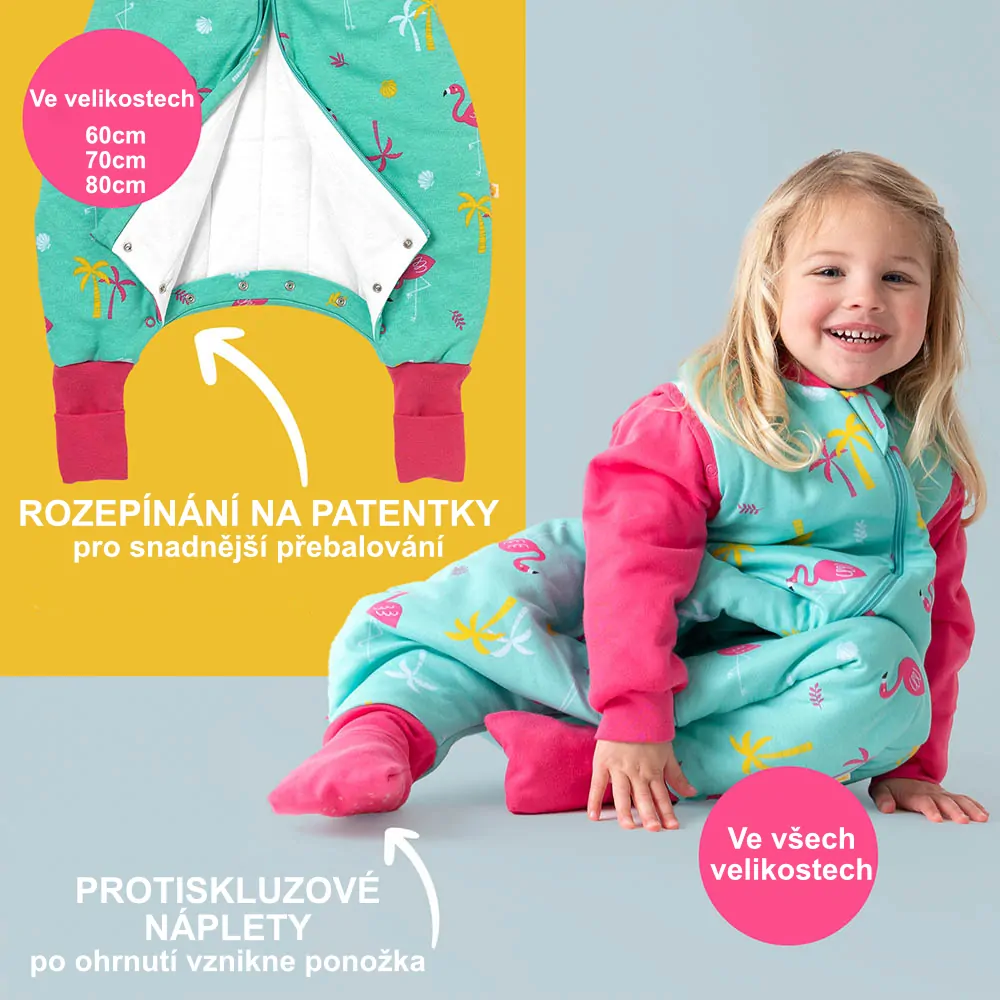 ORGANICKÁ BAVLNA - Plameňáci CELOROČNÍ PROTISKLUZOVÝ spací pytel s nohavičkami a s ODEPÍNACÍMI RUKÁVY 100cm