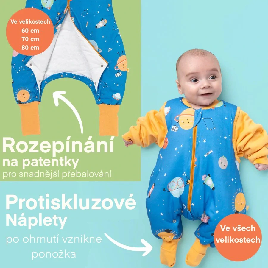 Vesmír CELOROČNÍ PROTISKLUZOVÝ spací pytel s nohavičkami a s ODEPÍNACÍMI RUKÁVY 70cm