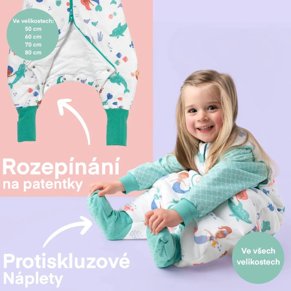 Mořská víla LETNÍ PROTISKLUZOVÝ spací pytel s nohavičkami a ODEPÍNACÍMI RUKÁVY 80cm