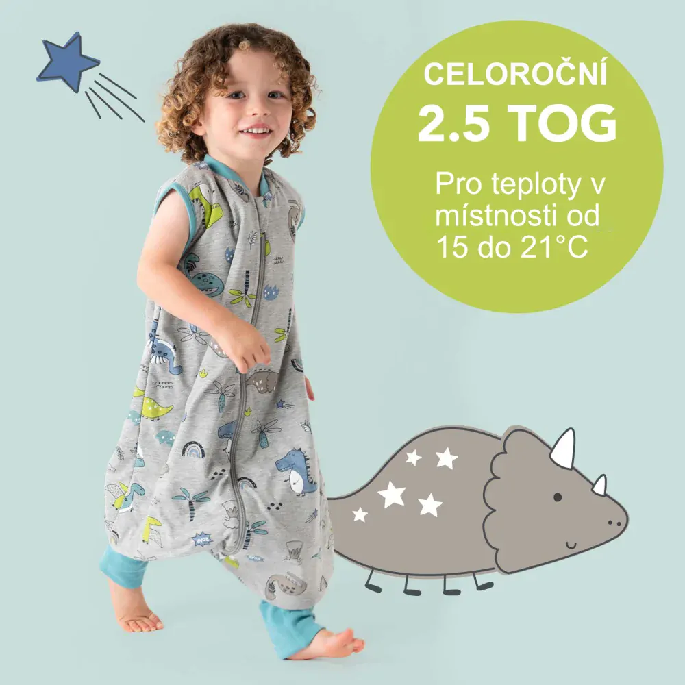 MODAL - Dinosauři CELOROČNÍ PROTISKLUZOVÝ spací pytel s nohavičkami a s ODEPÍNACÍMI RUKÁVY 70cm
